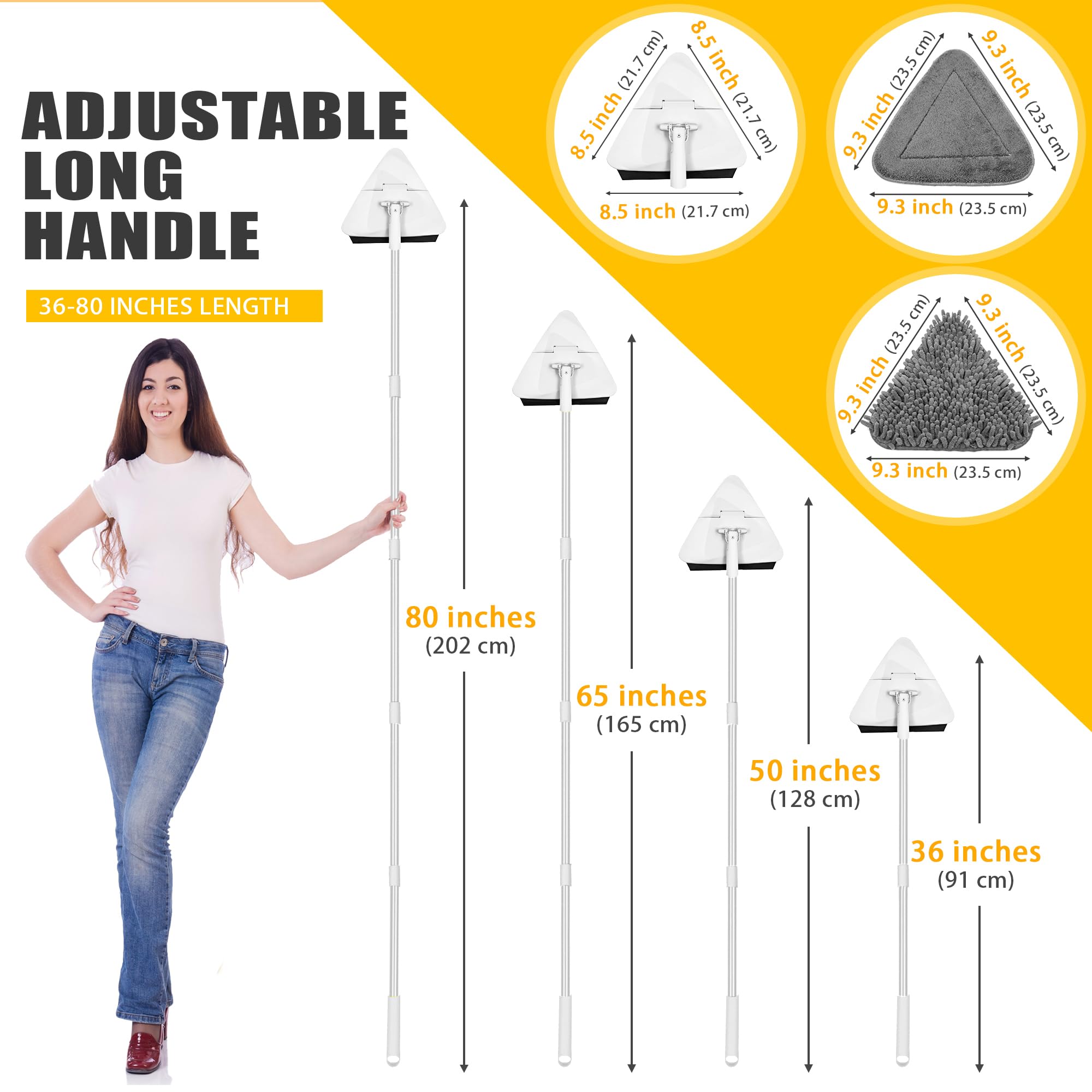 JEHONN Wall Mop with Long Handle 80 inches, Upgraded 180° Collapsible Baseboard Cleaner Tool with Squeegee, Ceiling Duster with 1 Microfiber and 1 Chenille Pad for Cleaning Window, Cabinet (White)