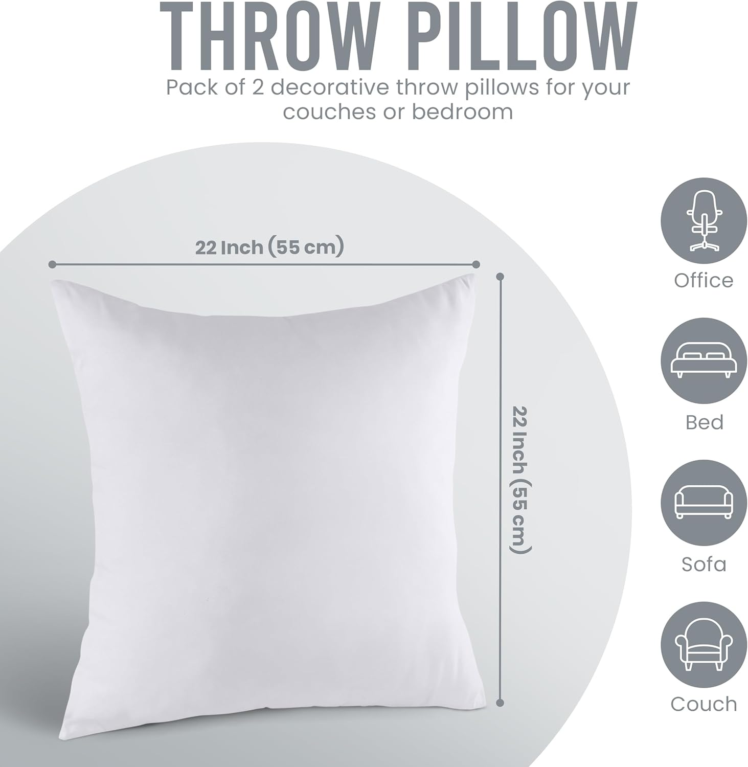 Utopia Bedding 22x22 Pillow Inserts - Set of 2 White Decorative Throw Pillows for Sofa & Couch - Soft & Fluffy Cushions
