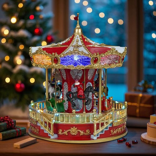 Animated Christmas Carousel by 9 - Musical LED Lights for Festive Home Tabletop Decoration