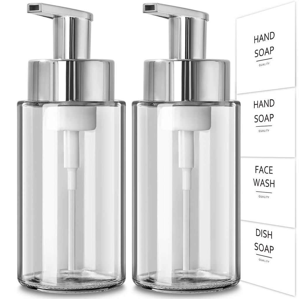 RYTOXILO Glass Soap Dispenser, 10 oz/300ml Foaming Soap Dispenser, 2 Pack Foaming Hand Dispenser for Bathroom & Kitchen, Clear Refillable Foam Soap Bottle with Silver Pump