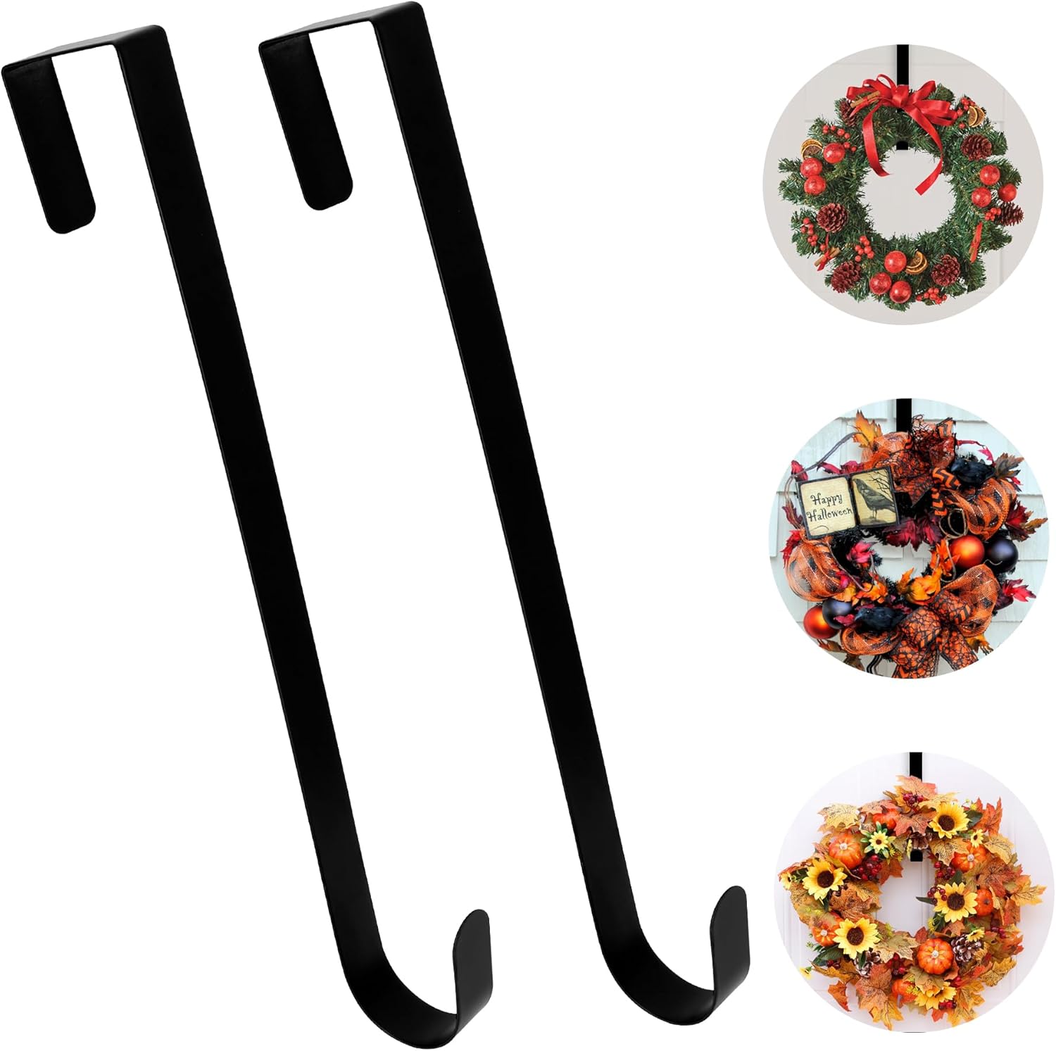 Skiennix Wreath Hangers - 15 Inch Black Metal Over The Door Hooks for Seasonal Decor | 2 Pack