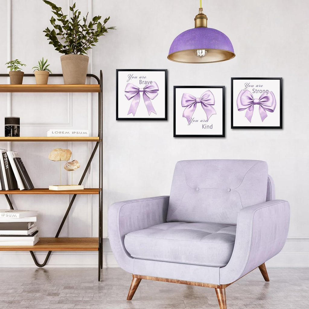 WELMECO Bow Wall Decor - Inspirational Framed Art Set for Girls | 12x12 Inch, Black Frame, 3 Pieces