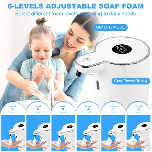 Ipefan Automatic Soap Dispenser,6-Level Foaming Hand Soap Dispenser,Touchless Dish Soap Dispenser for Kitchen Sink Bathroom,Ipx5 Waterproof,1200mah Rechargeable,12.8oz/380ml,Wall Mount & Countertop