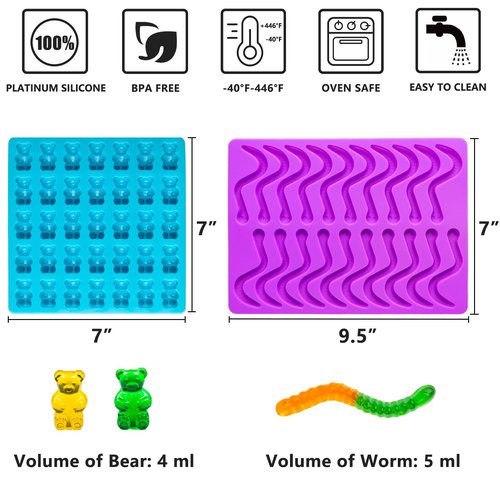 HKUCFTT Large Gummy Bear and Worm Molds Silicone, Food-Grade Non-Stick Candy Molds Fruit Snack Molds BPA-Free with 2 Droppers & 1 Cleaning Brush, Set of 4
