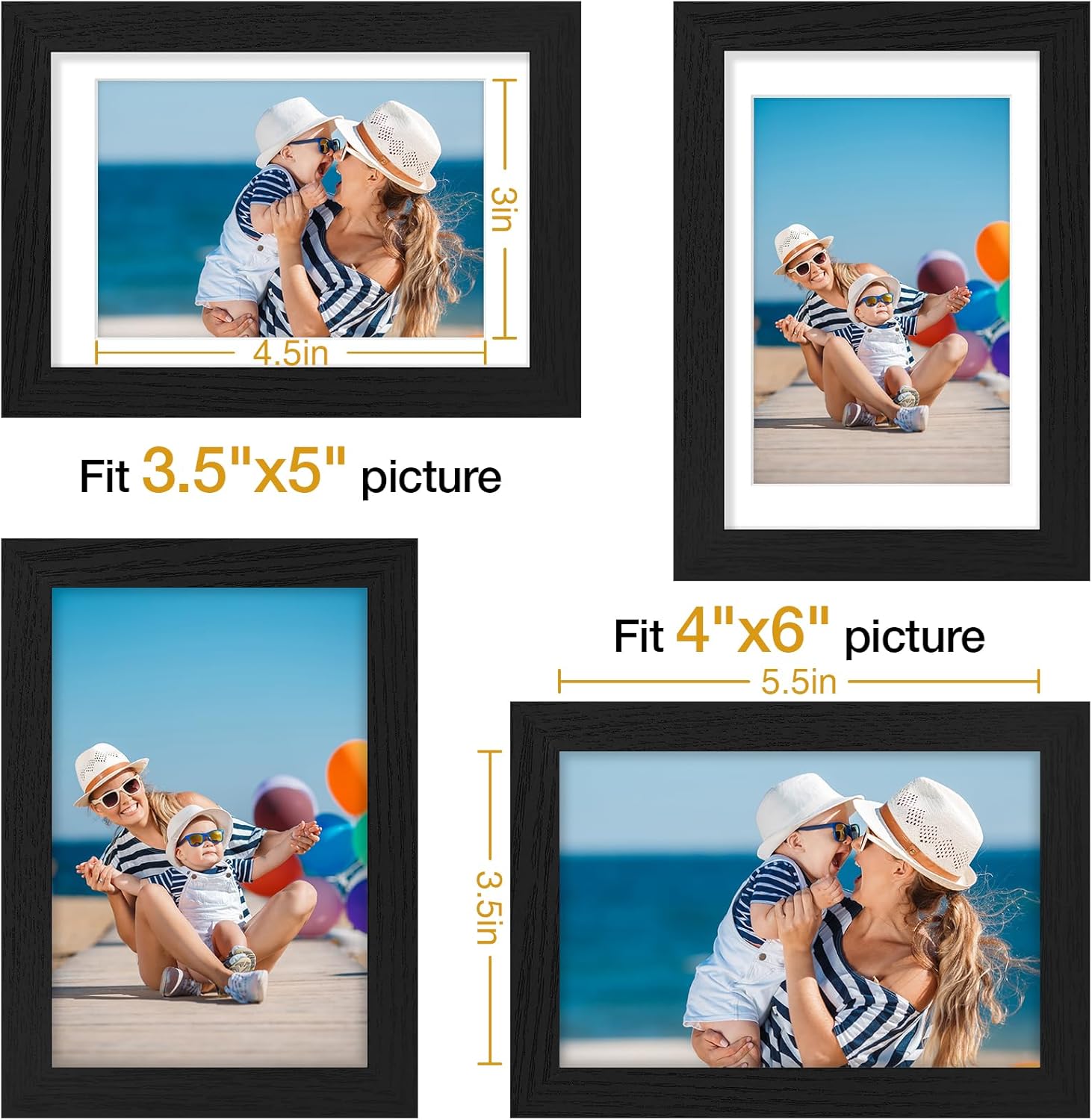 Vittanly Picture Frame Set of 3 - 4x6 & 3.5x5 Display Options | Wall Mount or Tabletop - Black Engineered Wood