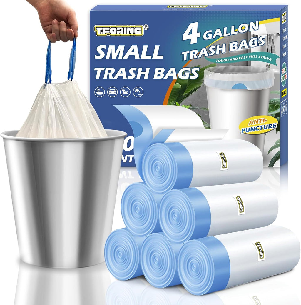 Skiennix 4 Gallon Drawstring Trash Bags - Thick 1.1 Mil White Plastic Wastebasket Liners | Unscented, 15 Liter