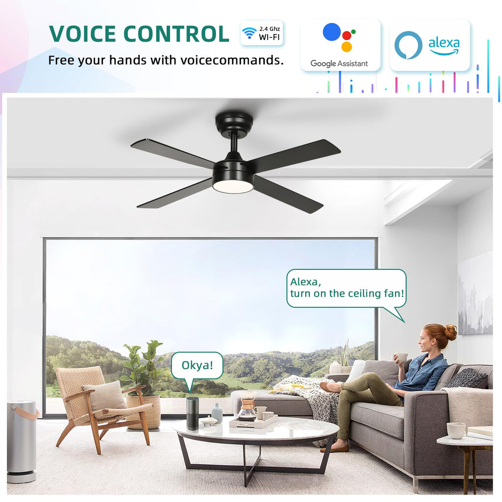 YITAHOME 48 Inch Black Ceiling Fan with Lights and Remote,4 Blades, App Control, Modern Smart Ceiling Fan Compatible with Alexa for Indoor, Reversible Quiet Motor, Memory Function