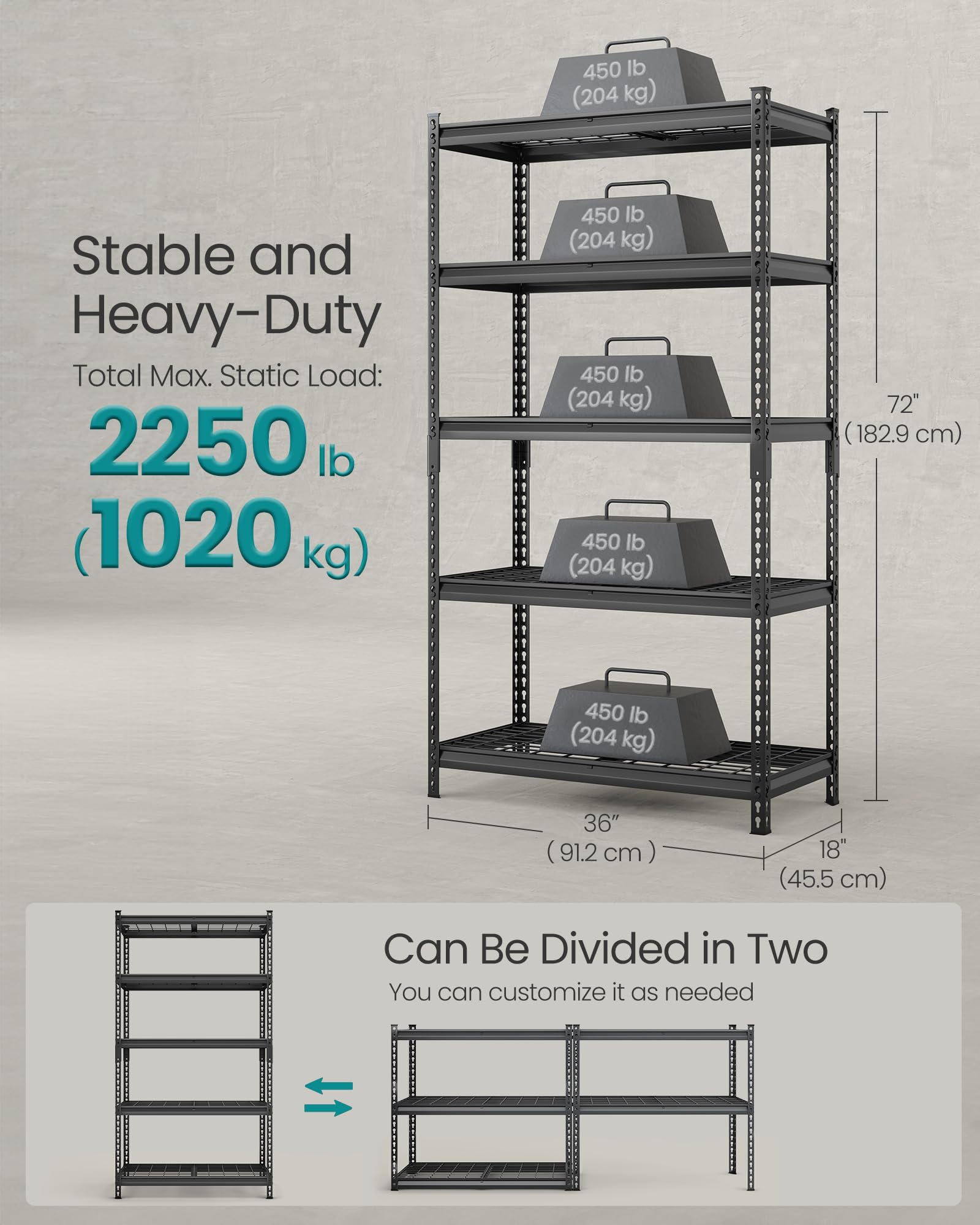 SONGMICS 5-Tier Storage Shelves, Heavy-Duty Garage Shelving, Adjustable Shelving Unit, Steel Shelf, Boltless Assembly, for Garage, Shed, 2,250 lb Load, 18 x 36 x 72 Inches, Ink Black UGLR453B01