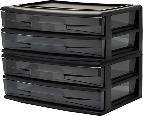 HOMZ 2-Pack Storage Cart - 2-Drawer Plastic Organizers with Smoke Tint | 15" Wide, Black Frame for Home & Office