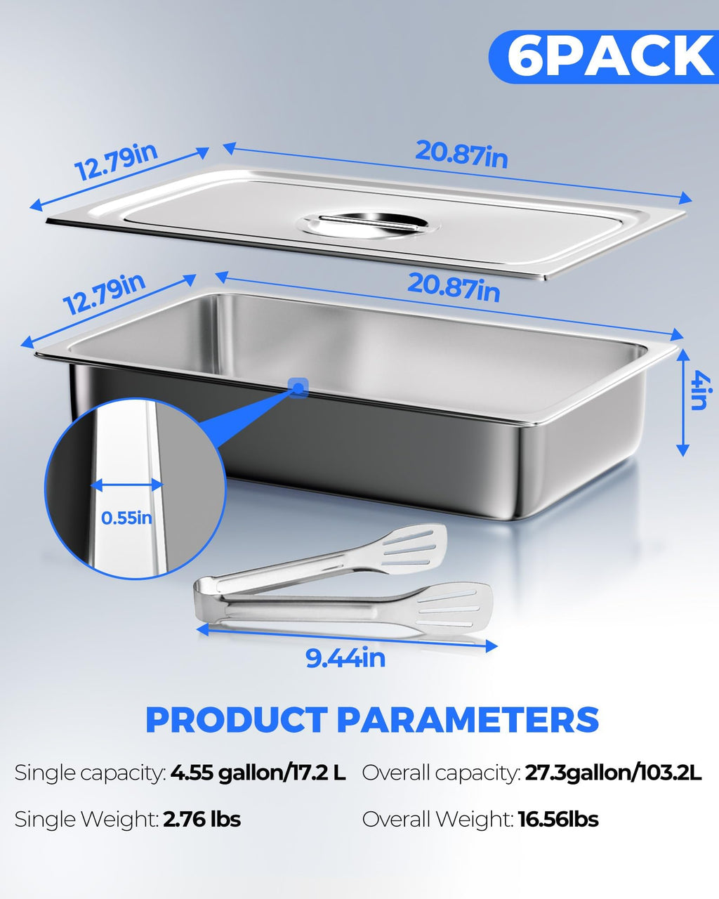 WantJoin Steam Table Hotel Pans with Lid 1/1 Full Size 4 Inch Deep 6 Pack, Stainless Steel Metal Tray Sets Food Storage Container, Commercial Restaurant Chafing Dishes Buffet Warmer Catering Supplies