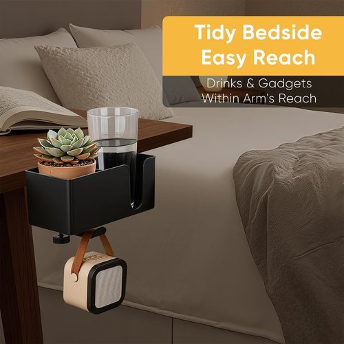4-in-1 Clip On Desk Cup Holder, Fits up to 40oz cups - Mountable Holder with Adjustable Divider & 360° Rotating Hook - No Spill Clamp On Drink Holder Attachment - for Desk Chair Table Bed Tray - Black