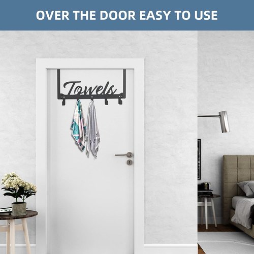 Azmoncy Over The Door Hooks - Heavy Duty Towel Rack with 5 Coat Hooks | Black, Ideal for Bathroom & Kitchen