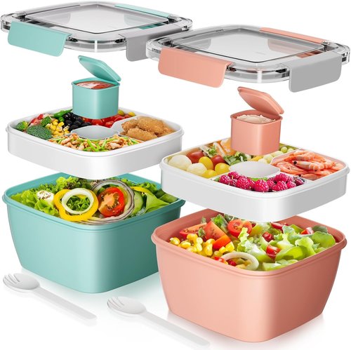 Cherrysea Salad Lunch Box - 2-Pack Bowls with 3 Compartments, Leak-Proof Design | Green & Pink