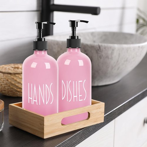 Glass Soap Dispenser with Plastic Pump for Kitchen - 16 OZ Glass Hand Soap Dispenser Set - Kitchen, Bathroom for Decor and Accessories (Pink)