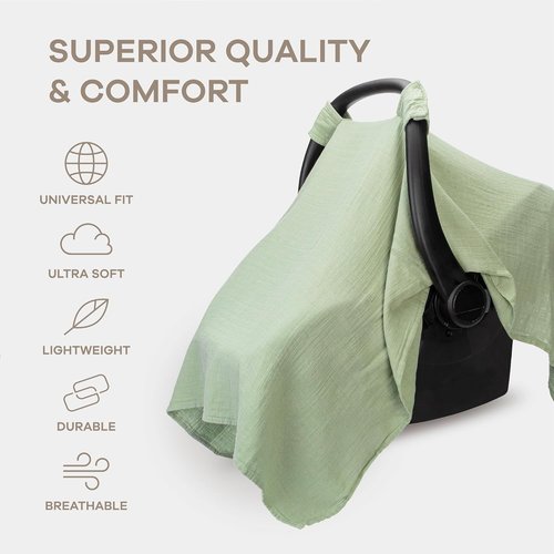 Comfy Cubs Baby Car Seat Cover - Soft Bamboo Rayon & Muslin Blend - Lightweight Sage Canopy for Sun & Bug Protection