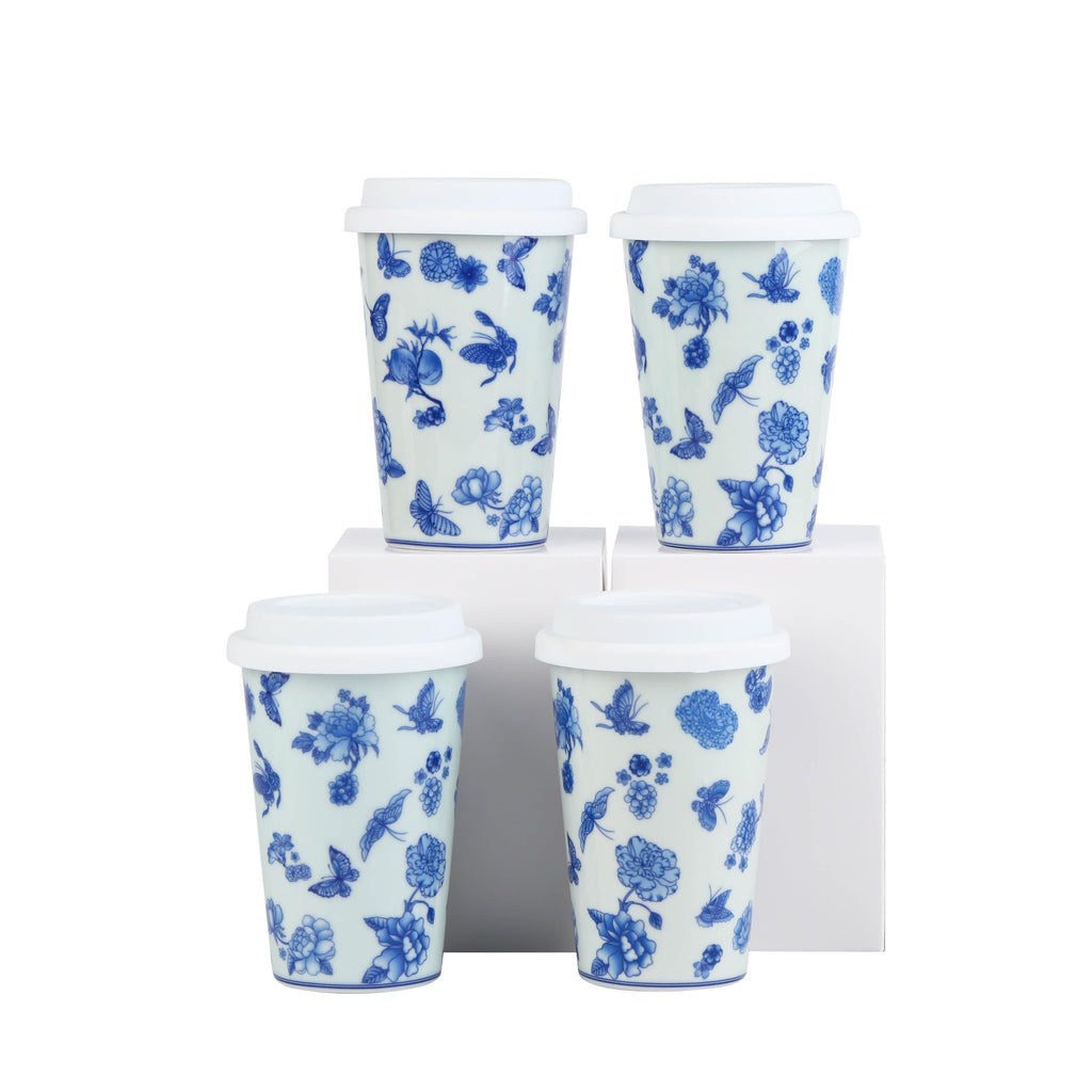 meicilin 14 oz ceramics Handmade blue and white Retro Coke cups coffee tea set of 4 china Coffee Mugs for Tea, Milk,Dishwasher and Microwave Safe，Free gift soft silicone cover and gift box