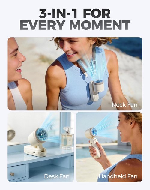 Diveblues Mini Portable Turbo Fan - 30ft/s Cooling Power | 12H Battery Life, 4000mAh, 3-in-1 Handheld/Neck/Desk Fan