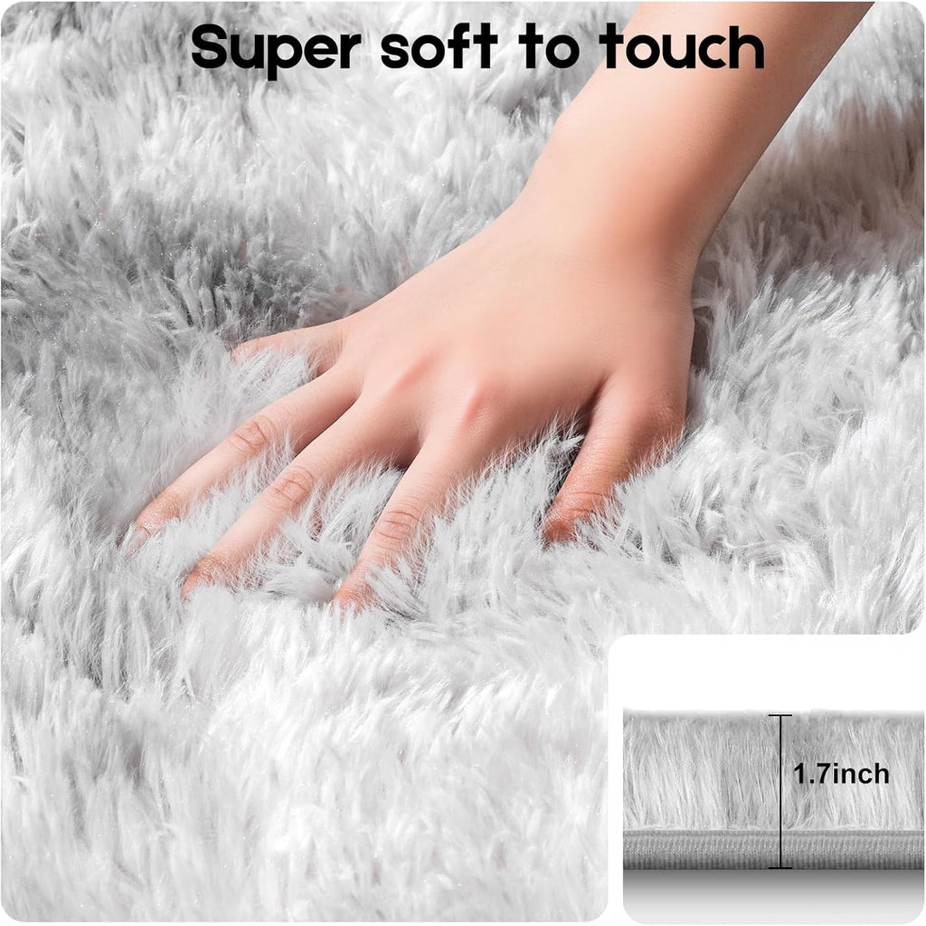 Skiennix Tie-Dyed Grey Area Rug - Soft Fluffy Shag Carpet for Kids' Rooms | 2ft x 3ft with Non-Slip Stickers