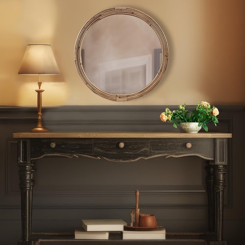Martha Stewart Natural Rattan Round Wall Mirror for Wall, Handwoven Frame Circle Wall Mirror, Vanity, Livingroom, Entryway, Bedroom, Easy Hanging Wall-Mounted Mirror - Natural Luna