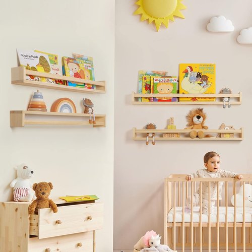 Fun Memories Nursery Book Shelves - Rustic Solid Wood Floating Bookshelf for Kids - 32-Inch Natural Wall Shelves (Set of 2)