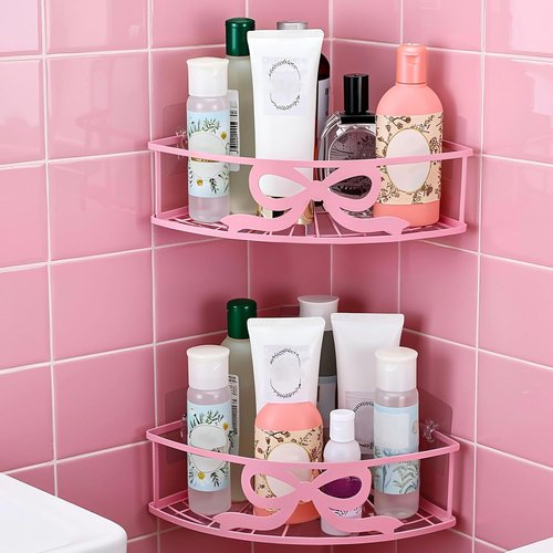 Coquette Corner Shower Caddy - No Drilling Pink Shower Shelves with 5 Adhesive Hooks | 2 Pack