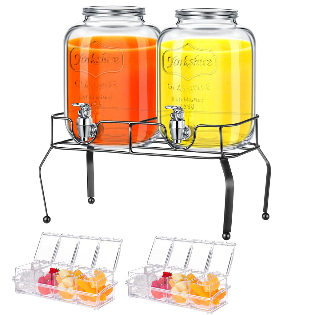 FillTouch Glass Drink Dispenser for Party Set of 2-1 Gallon, 2 Pcs Ice Chilled Condiment Caddy with Lid and Spoon Halloween Drink Dispenser with Stand and Spigot for Summer Wedding Party Bar Supplies