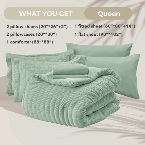 HYMOKEGE Queen Comforter Set - Luxury Sage Green Seersucker 7-Piece Bedding Set | All-Season Comfort