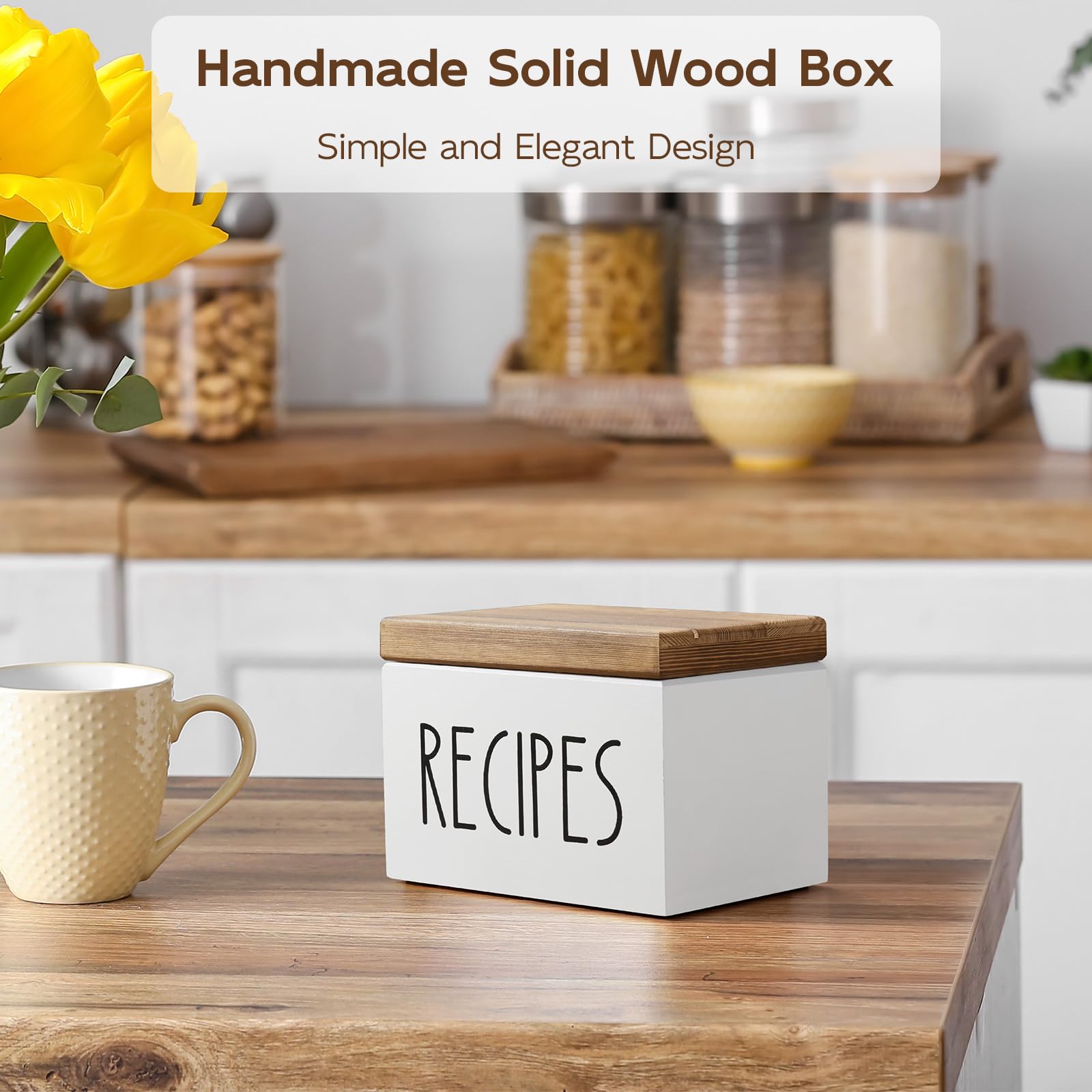 BWODYAY Recipe Box, Wood Recipe Card Box Set, Recipe Box with 100 Cards and 6 Dividers,4x6 Recipe Organizer, Recipe Card Holder, White