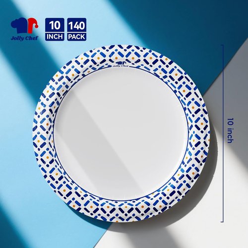 JOLLY CHEF 10-Inch Heavy Duty Paper Plates - 140 Count, Soak-Proof & Cut-Proof for Parties & Picnics