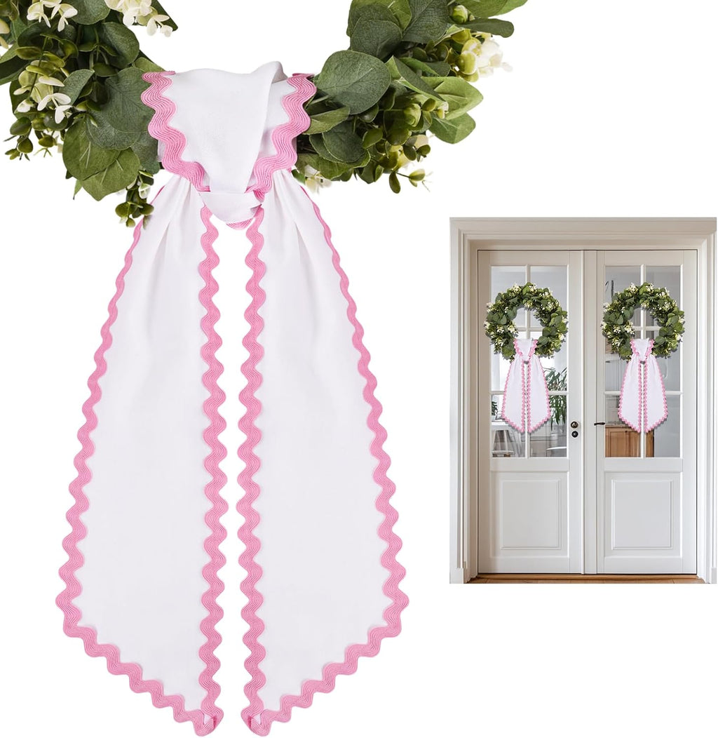 Skiennix Scalloped Wreath Sash - Elegant Ruffle Ribbon Bow for Front Door Decor | White & Pink Set of 2
