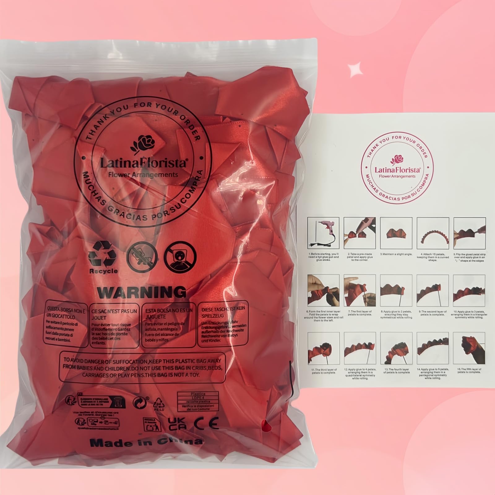 LatinaFlorista 300Pcs Premade Satin Ribbon Rose Petals Half-Finished for Eternal Rose DIY Ramos Forever Flowers Bouquets Everlasting Floral,for Wedding,Anniversary,Birthday (300 Pcs Red)