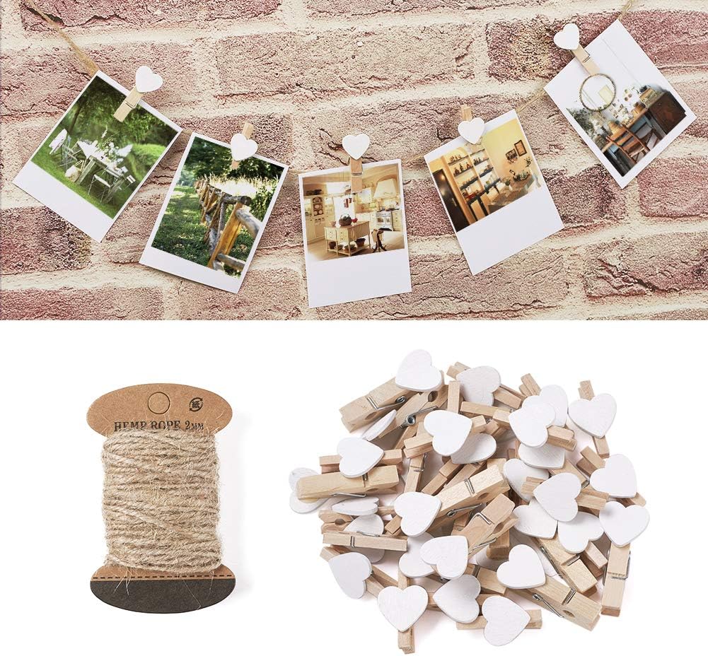 Pandahall 100 Pcs White Heart Clothespins - Wooden Craft Clips with 10.9 Yards Jute Twine for Photo Display