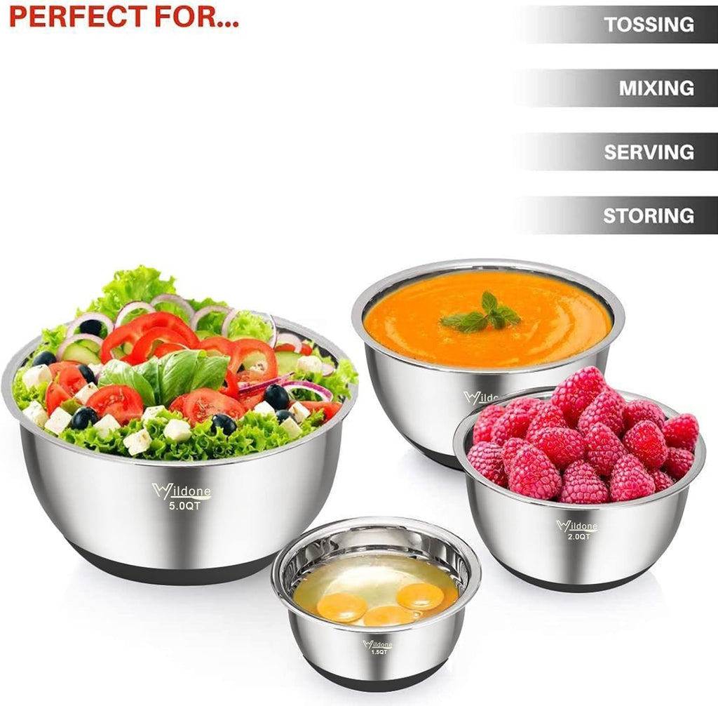 Wildone Stainless Steel Mixing Bowls Set of 5 - Airtight Lids & Non-Slip Silicone Bottoms | Stackable Design, 1.5 to 8 QT