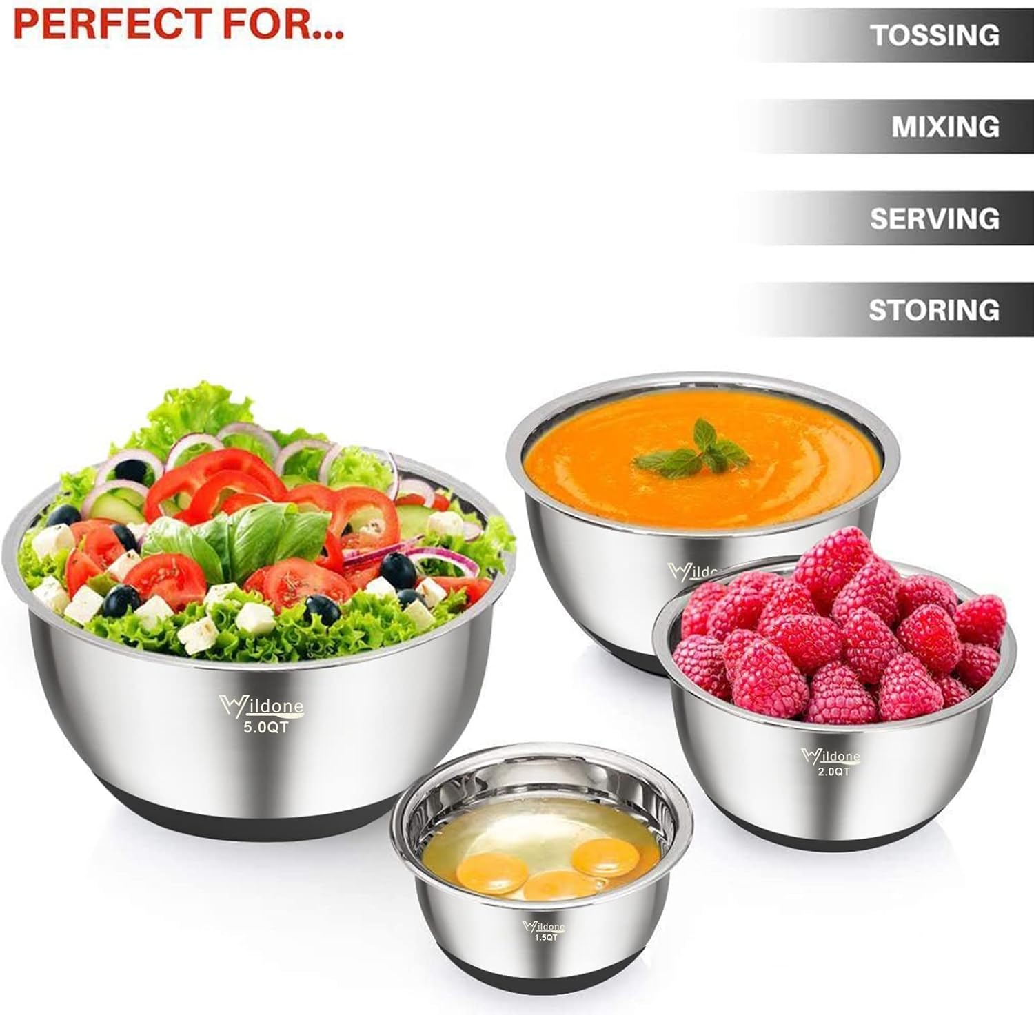 Wildone Stainless Steel Mixing Bowls Set of 5 - Airtight Lids & Non-Slip Silicone Bottoms | Stackable Design, 1.5 to 8 QT