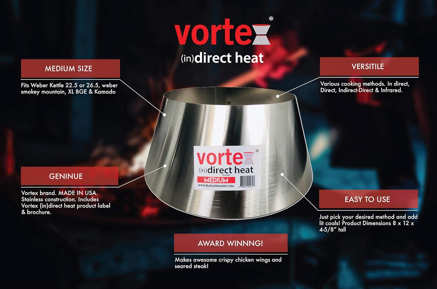 VORTEX Direct Heat Charcoal Grill Accessory - Medium Size for Weber Kettle & Big Green Egg