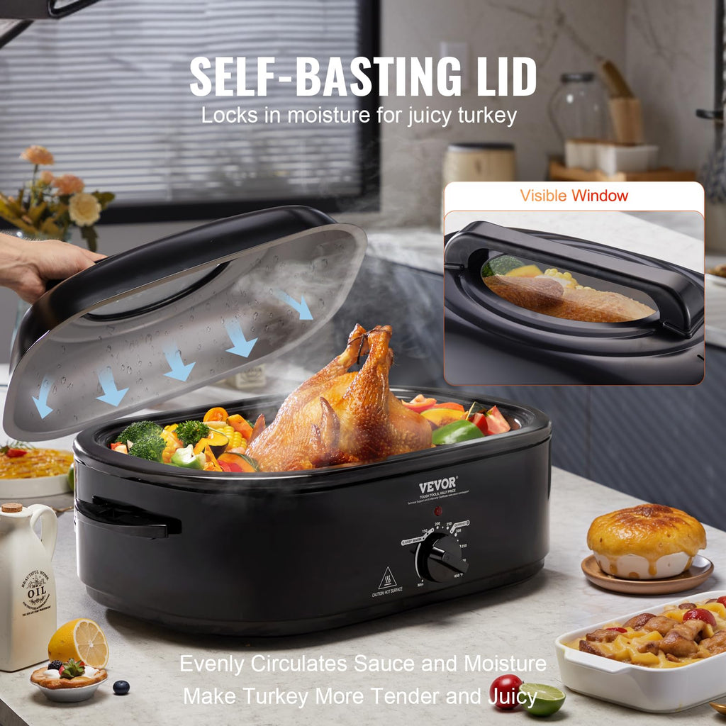 VEVOR Electric Roaster Oven, 20 QT Turkey Roaster with Self-Basting Lid, 1450W Roaster with Defrost & Warm Function, Adjustable Temperature, Removable Pan & Rack, Fits Turkeys Up to 24LBS
