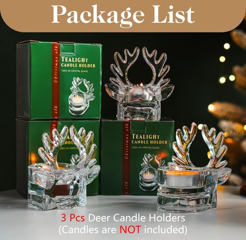 H&D Hyaline & Dora Clear Glass Reindeer Candle Holder Set - 3 Tealight Holders for Holiday Decor