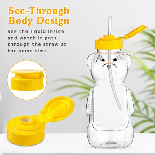 Thenshop 32 Pack Honey Bear Bottle with Straws Empty Plastic Cup Honey Jar Containers Bear Shaped Squeeze Bottle Storing and Dispensing Yellow Flip Top Lid Assistive Cups(12oz)