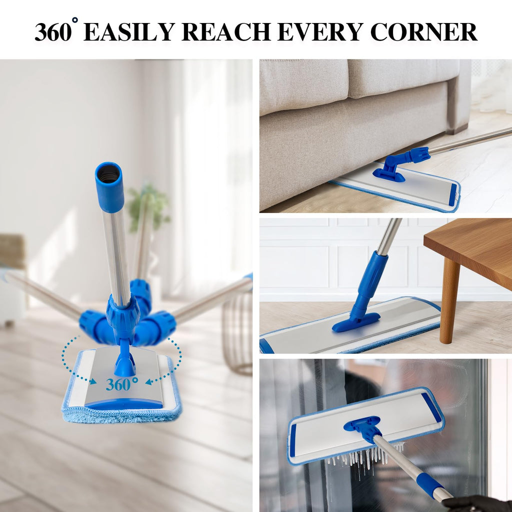 17.5'' Microfiber Mop for Floor Cleaning-Blue Flat Floor Mop with 58'' Stainless Steel Handle- 4 Reusable Washable Replacement Pads-Wet & Dry Use for Hardwood Tile Laminate-Home Kitchen Bathroom