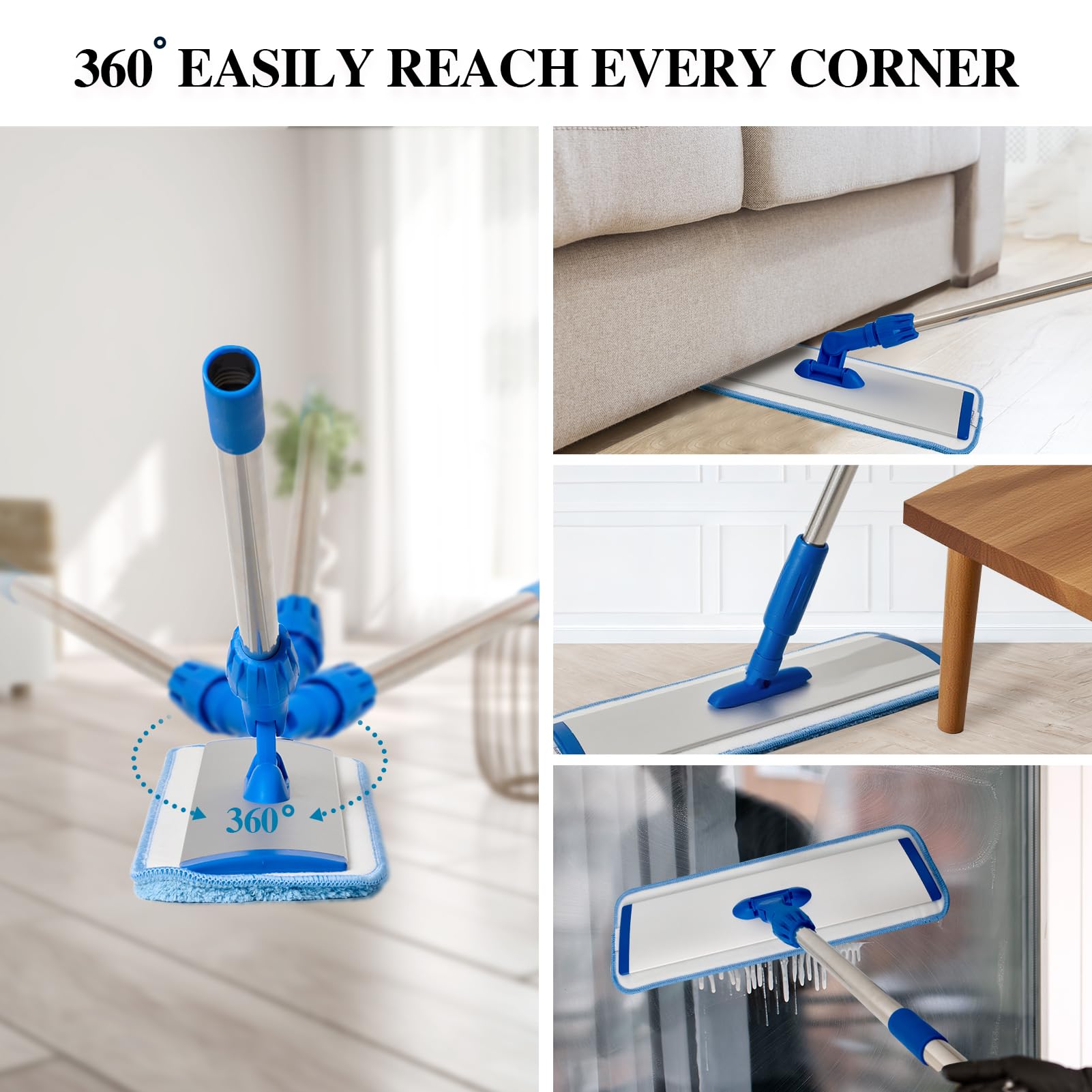 17.5'' Microfiber Mop for Floor Cleaning-Blue Flat Floor Mop with 58'' Stainless Steel Handle- 4 Reusable Washable Replacement Pads-Wet & Dry Use for Hardwood Tile Laminate-Home Kitchen Bathroom