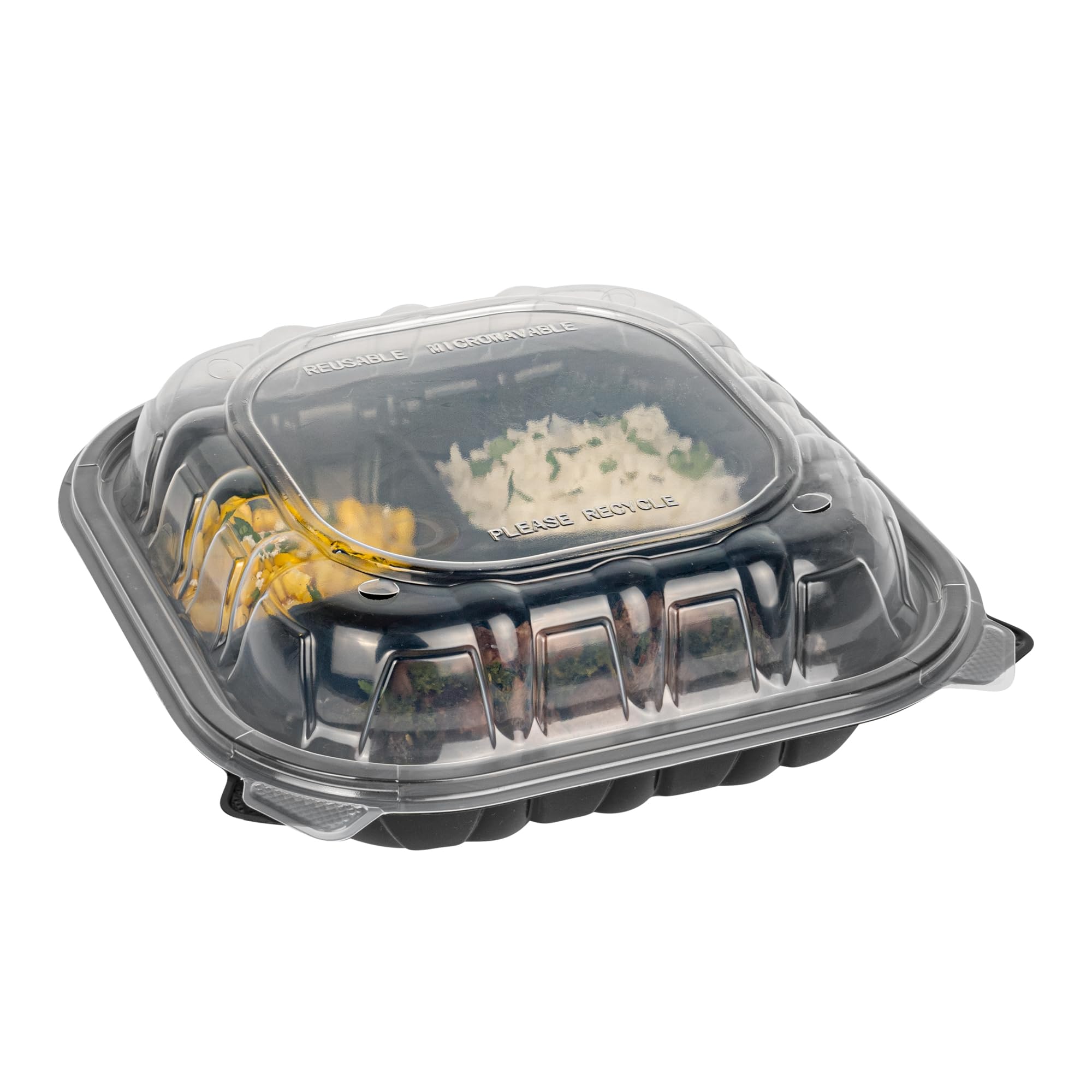 Thermo Tek 40 Ounce Clamshell Containers, 100 Disposable Take Out Boxes - 3 Compartments, Ventilated Lids, Black Plastic Meal Prep Containers, Microwavable, For Pasta Or Salads - Restaurantware