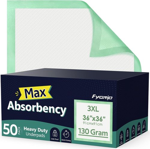 Fygrip Washable Underpads - 36” x 54” Extra Heavy Absorbency | 50 Count Disposable 36” x 36” Max Absorbency