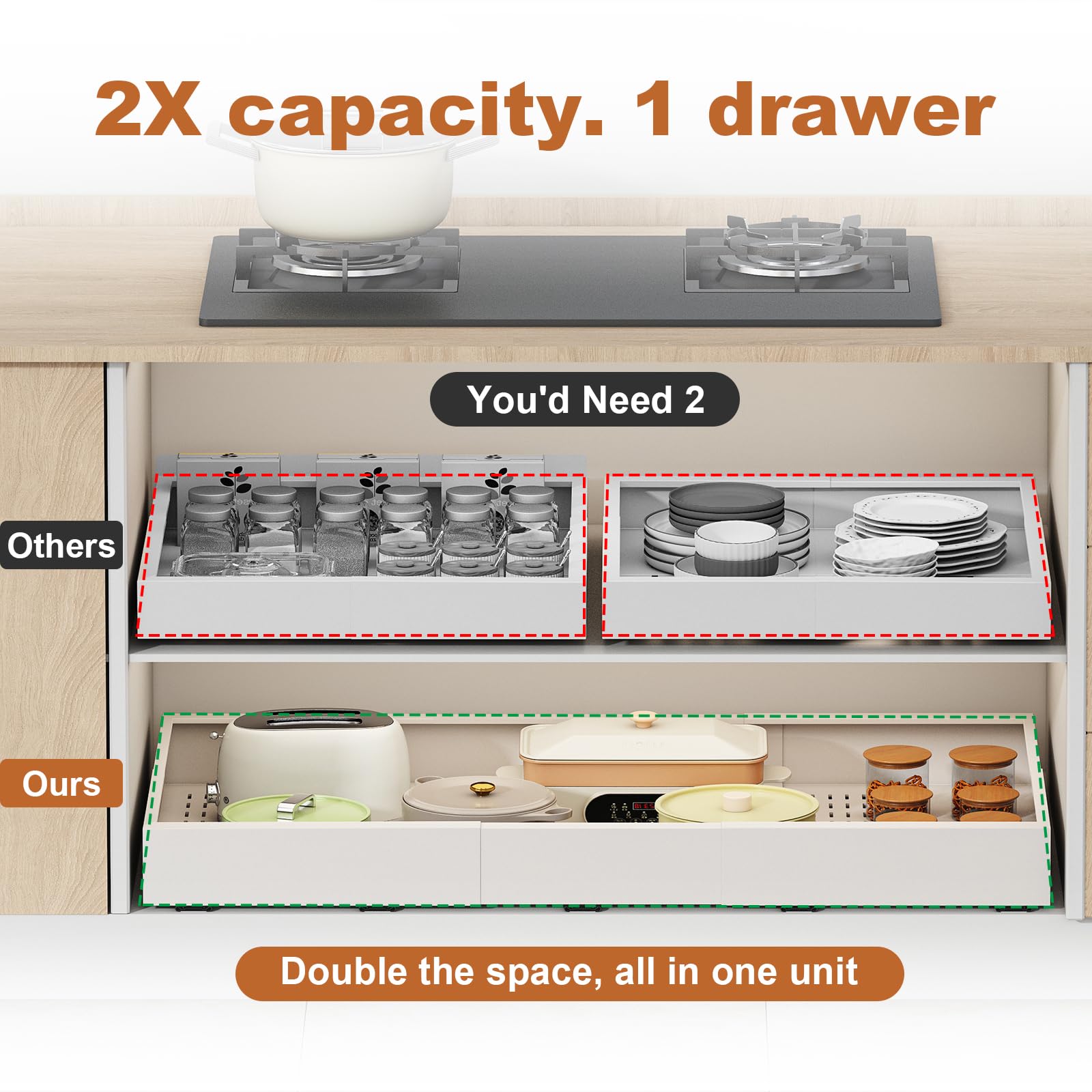 Pull out Cabinet Organizer,Width (23"-31") and Depth (17"-24") Expandable With 5 Rails,No Drill Adjustable Slide out Drawers for Kitchen,Pantry,Adhesive Roll out Shelves,for Cabinets Without Lip,White