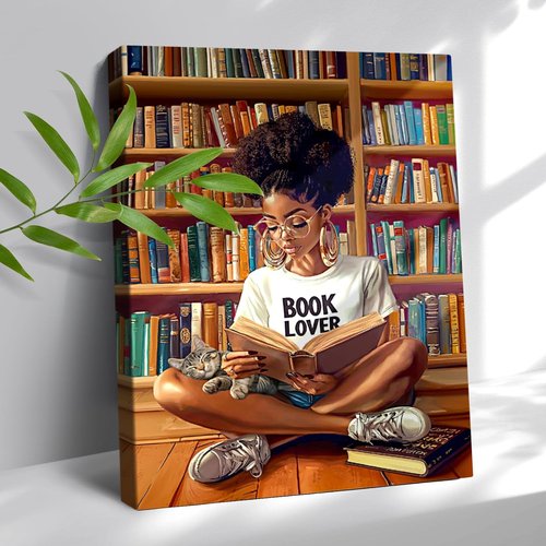 **Regine Switzerland African American Wall Art - Black Girl Reading Canvas Decor | Framed Artwork for Book Lovers (12"x16")**