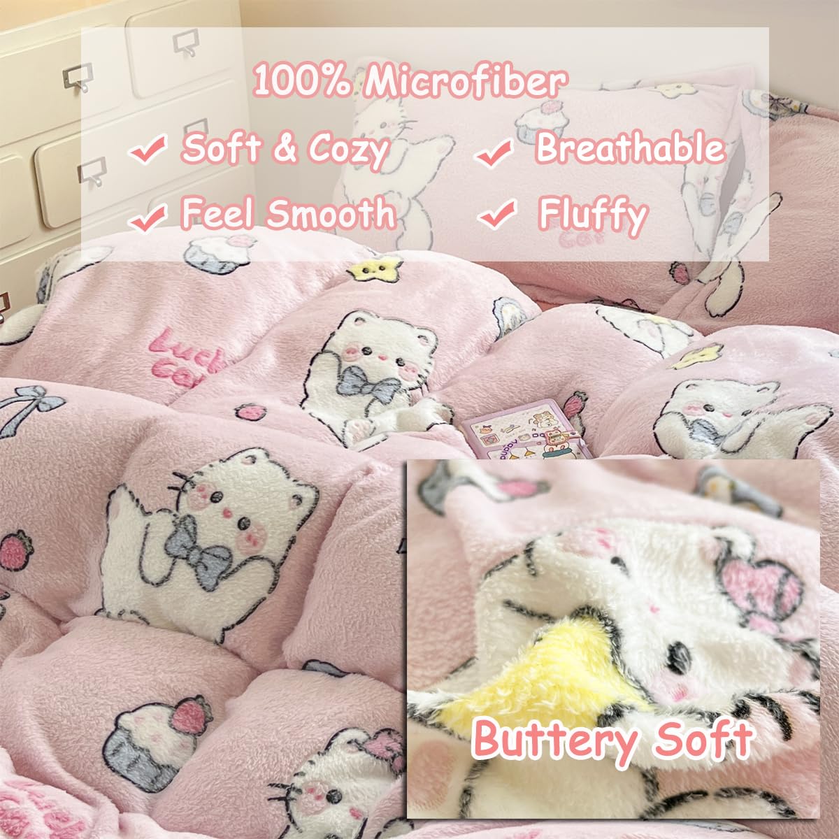 LMONMOO Pink Duvet Cover Queen, Bunny Cake Kawaii Bedding Sets, Ultra Soft Cute Fluffy Comforter Covers Set for Girls Kids Women Teen(Cake, Queen)