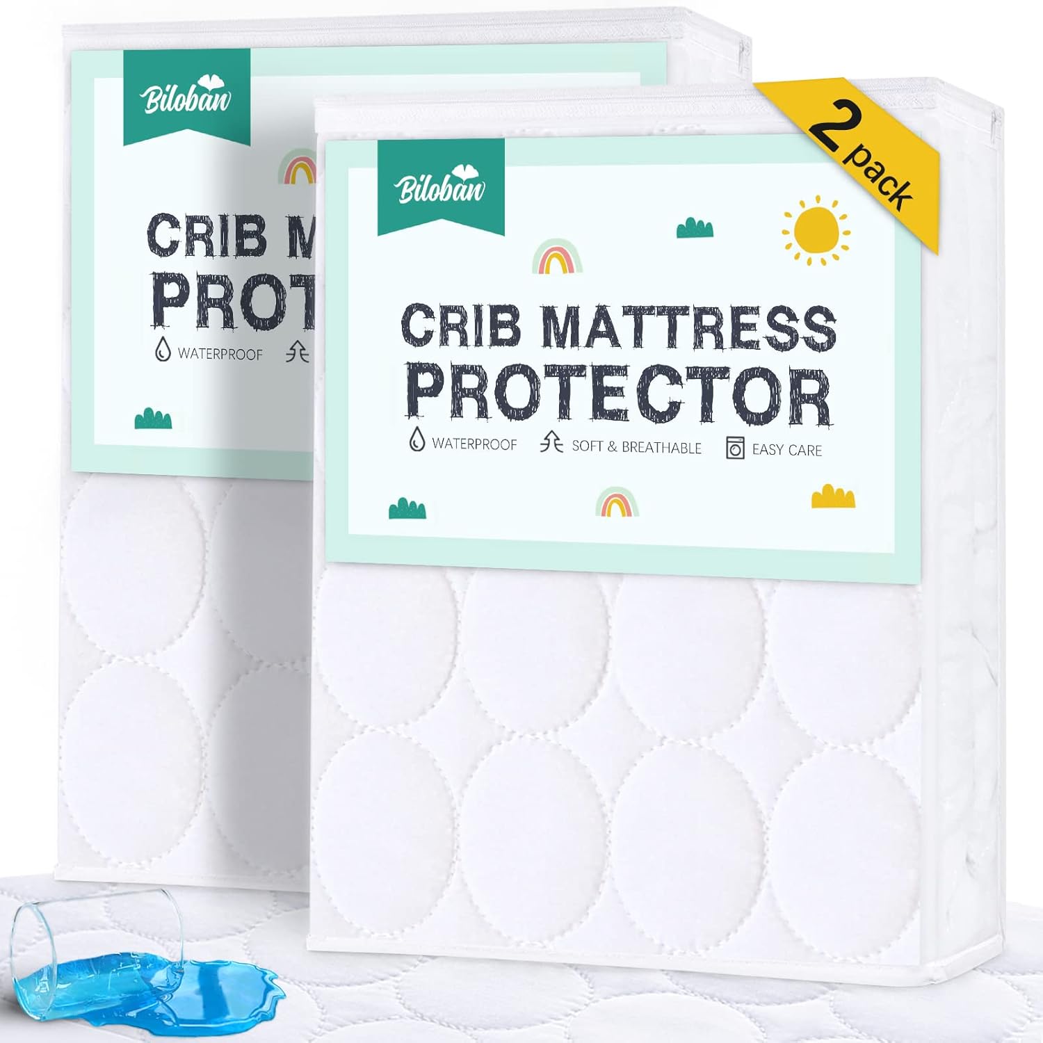 Skiennix Crib Mattress Protector - Waterproof Quilted Pad Cover | 2 Pack, Fits Toddler Bed, White, 52” x 28”