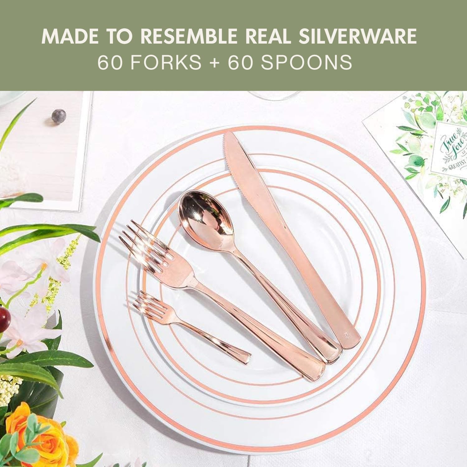 Rose Gold Disposable Cutlery Set, 120 Count Spoons + Forks