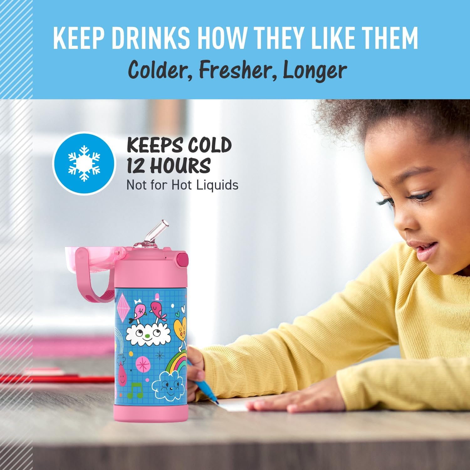 THERMOS FUNTAINER Water Bottle - 12 Ounce Stainless Steel, Vacuum Insulated with Straw for Kids | Sketchbook Design