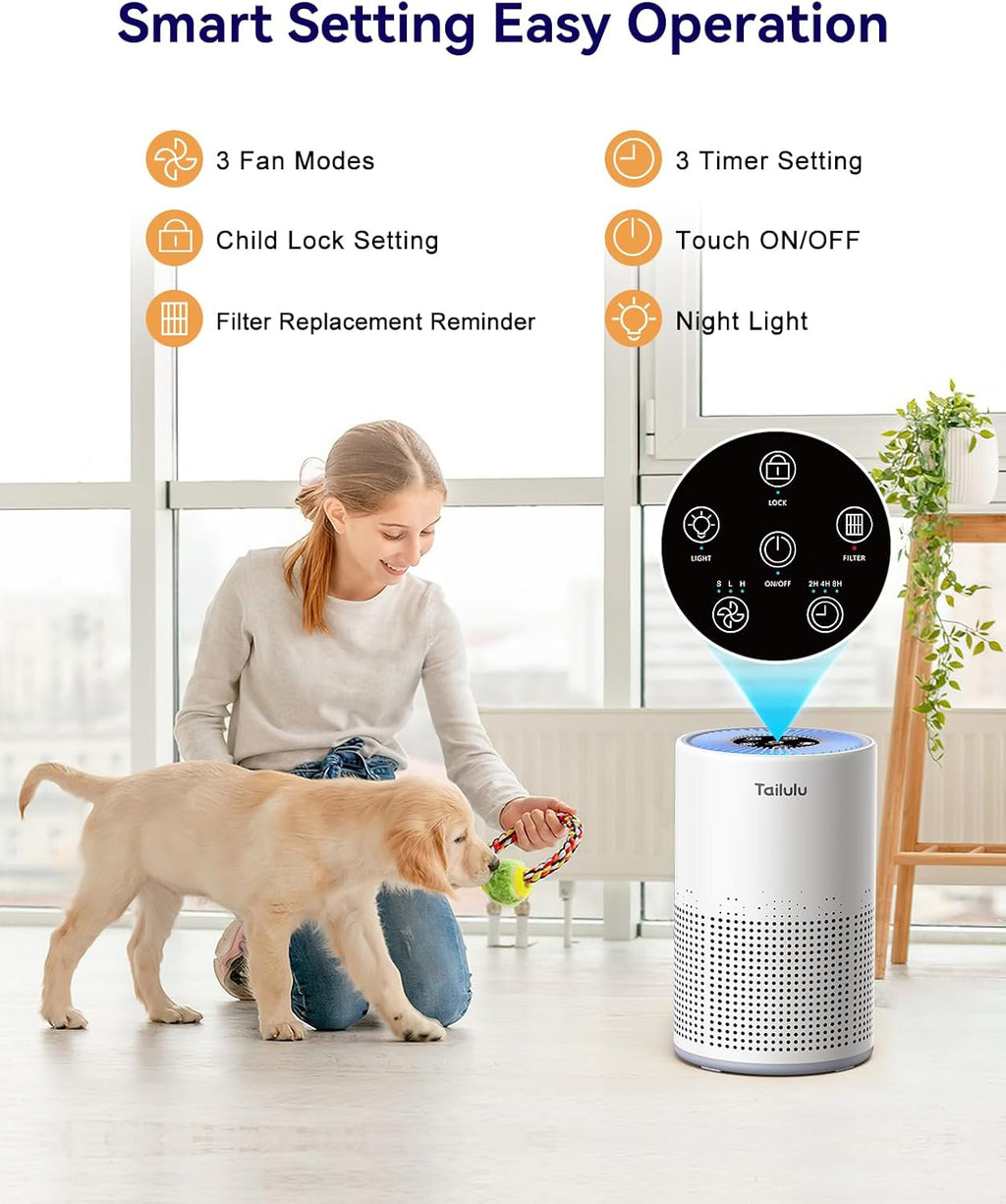 Tailulu H13 True HEPA Air Purifier - Portable & Quiet 12dB Sleep Mode for Bedrooms & Pets | 1200 Ft² Coverage