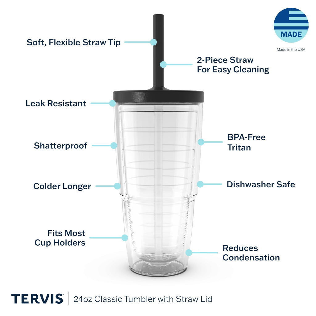 Tervis Clear & Colorful Made in USA Double Walled Insulated Tumbler Travel Cup Keeps Drinks Cold & Hot, 24oz, Gray Straw Lid